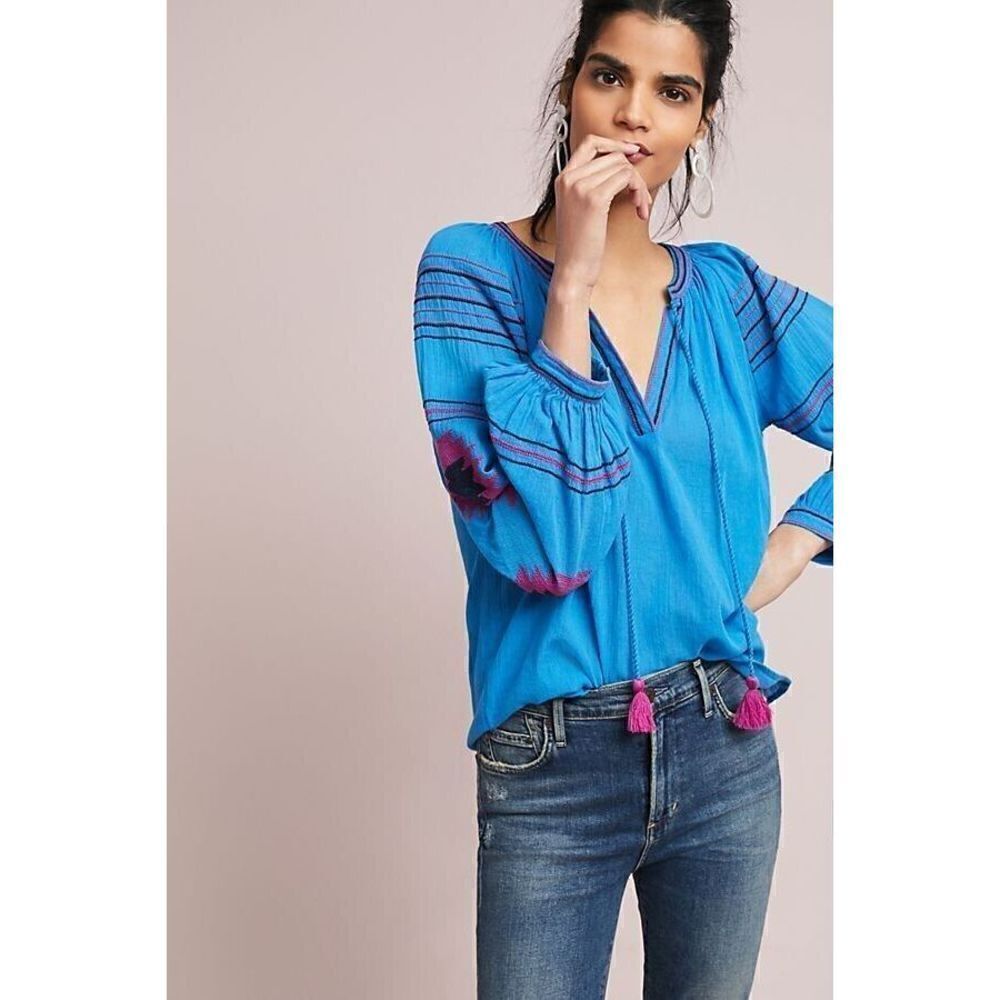 Anthropologie Maeve Runaway Embroidered Peasant Top Size XS Blue Pink Cotton